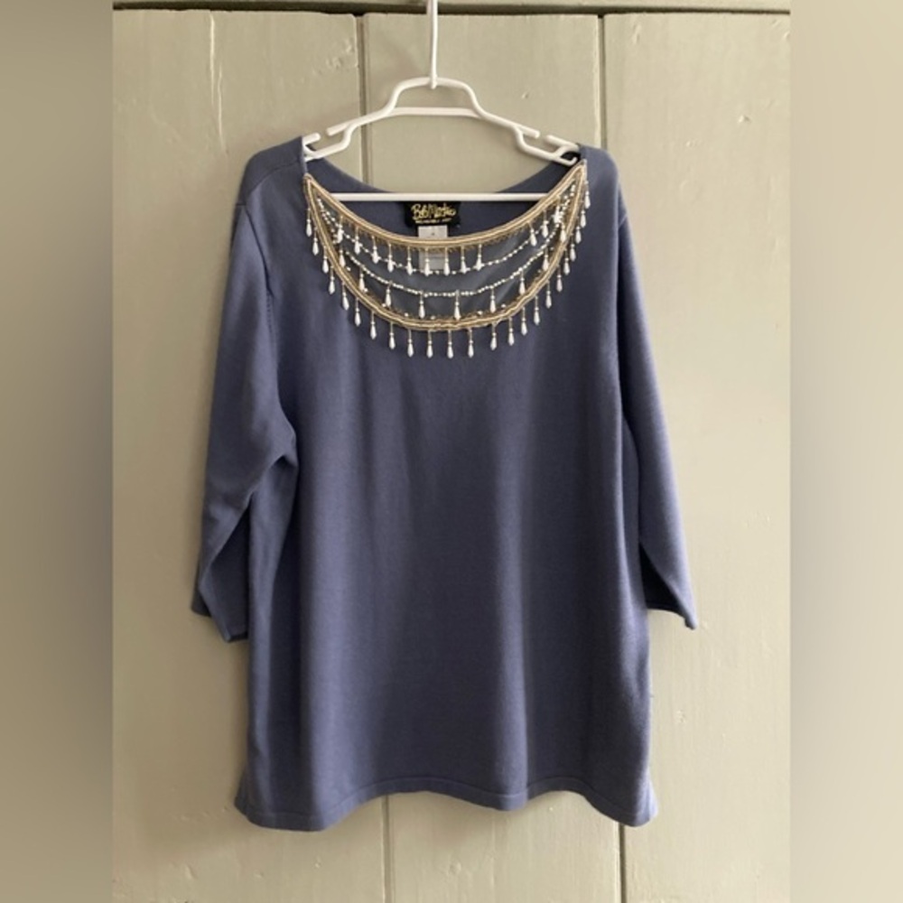 Bob Mackie Wearable Art Beaded Sweater 3/4 Sleeve Blue Classic Women’s 1X